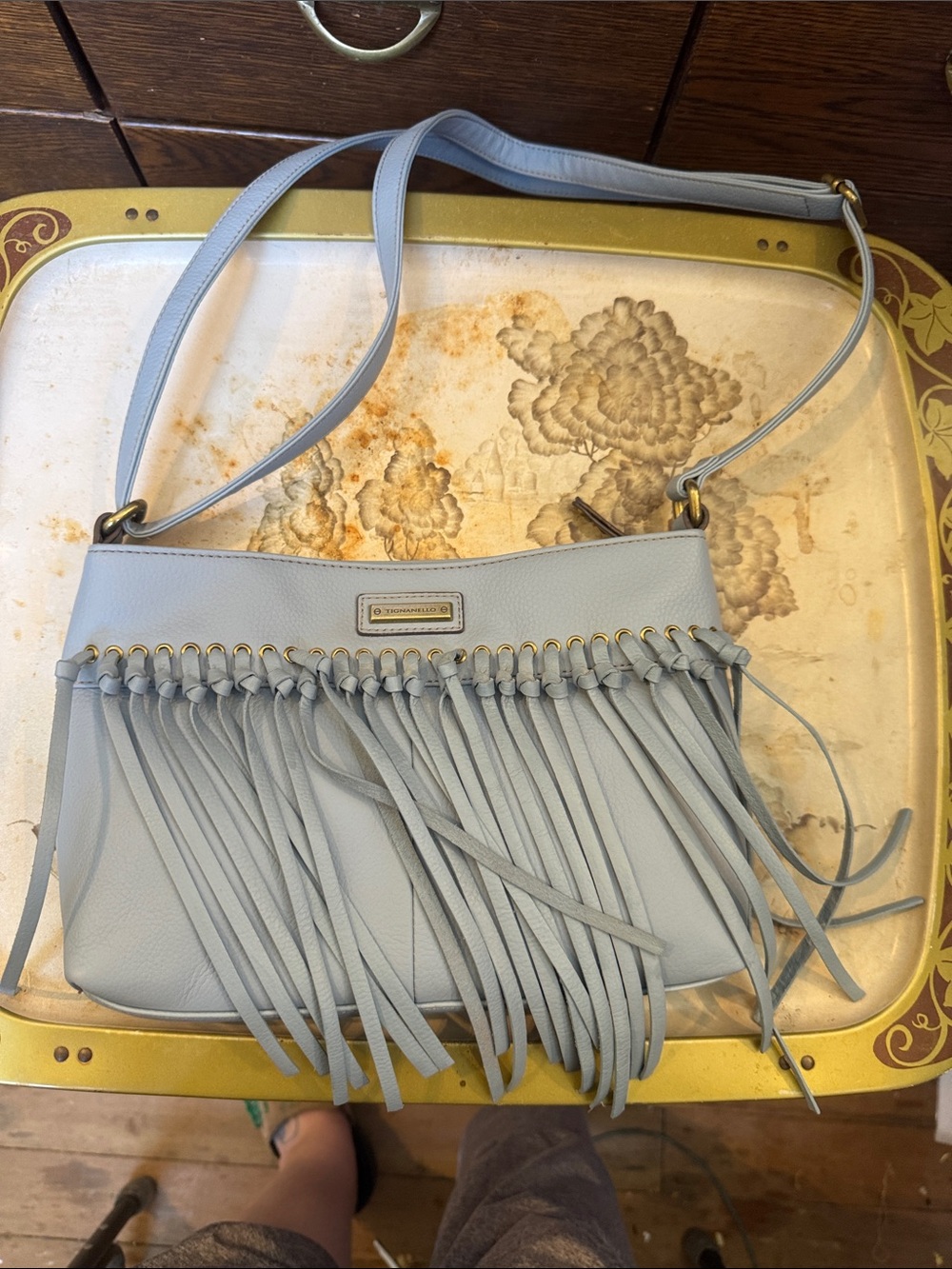 Tignanello Fringe Shoulder Bag in Light Blue